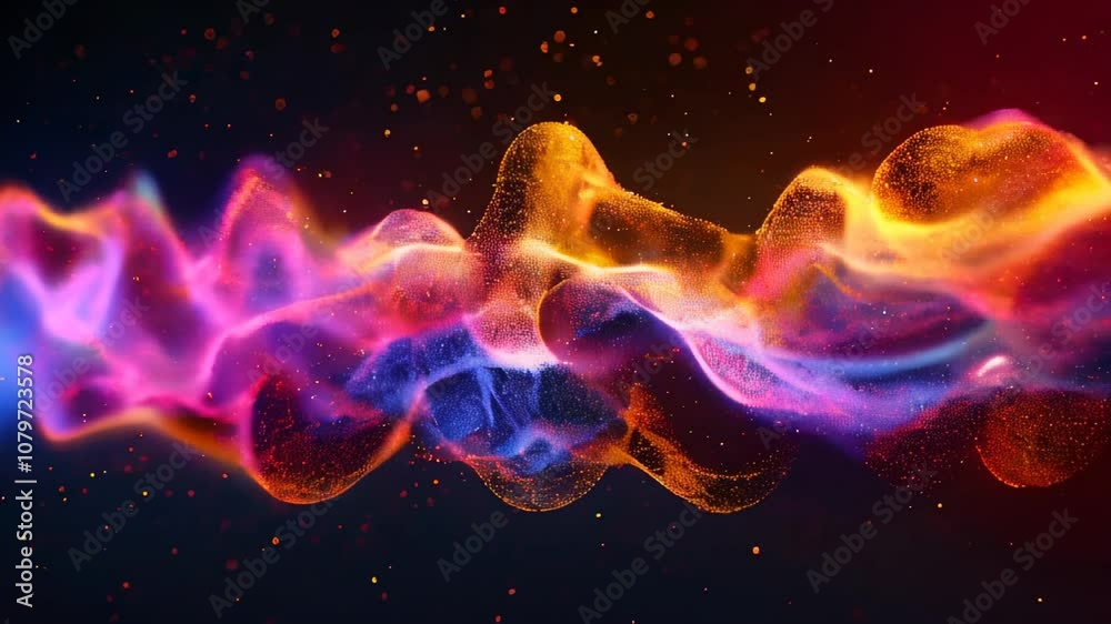 Poster colorful, energetic waves with sparkling particles flowing in a rhythmic pattern, creating a dynamic