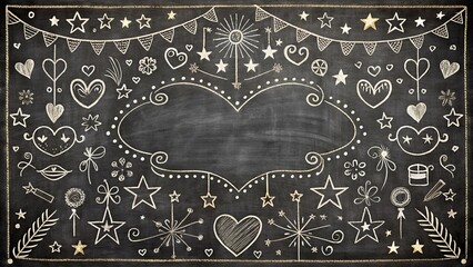 Chalkboard Illustration of Stars, Hearts, and Festive Decorations with a Blank Space for Text
