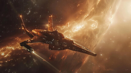 Obraz premium Spaceship Through Nebula: A sleek, futuristic spacecraft navigates through a vibrant and awe-inspiring nebula, its powerful engine leaving a trail of burning energy.