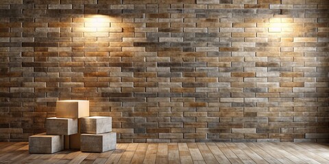 A stacked arrangement of textured square boxes placed on a wooden floor with a rustic brick wall as the backdrop, illuminated by overhead spotlights.