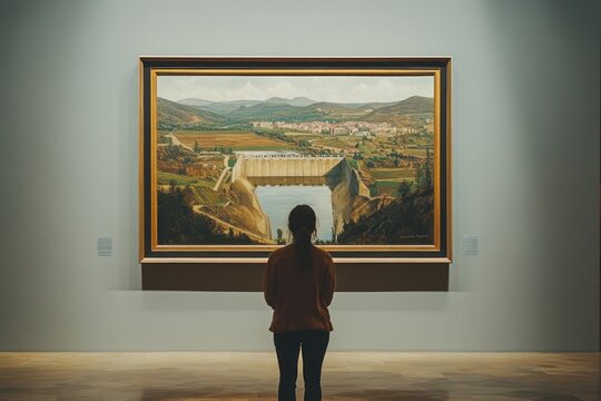 A person stands, admiring a painting, lost in its colors and details, appreciating the artistry and emotion conveyed through the strokes, deeply engaged in the visual experience.