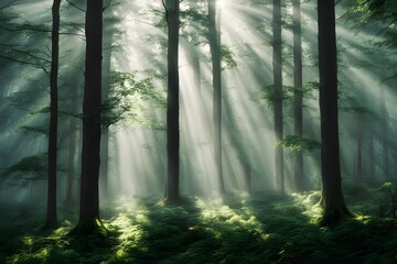 Dense misty forest with tall trees rays of sunlight filtering through leaves, Ai Generated