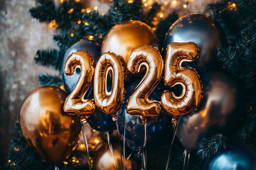 Elegant party room decorated for a New Year's celebration with gold and silver balloons spelling 2025.