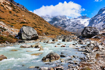 Ice cold waters of the Hinku river flowing through the glacial valleys at the foot of Mera Peak on route to Base camp of Mera Peak,a 6476 meter high peak in the Khumbu Himalayas,Nepal