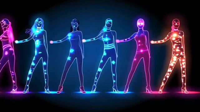 A group of dancers dressed in glowing outfits showcases synchronized movements, lighting up the dark space with colorful neon effects and lively energy