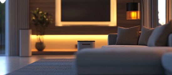 Dehumidifier in a corner of a modern living room, warm tones, subtle lighting 