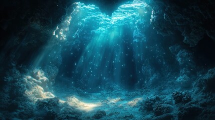 Mysterious underwater cave system, dark with glowing bioluminescent algae, otherworldly atmosphere, high definition and intense realism 