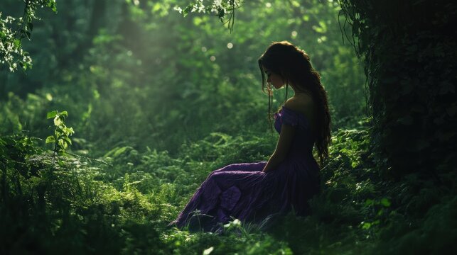 Fairy girl in a purple dress was alone sitting pensively in a green forest background wallpaper AI generated image