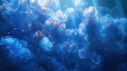 Obraz premium Bioluminescent plankton glowing in the dark ocean, vibrant blue light, fish silhouettes, dreamlike and ultra-realistic