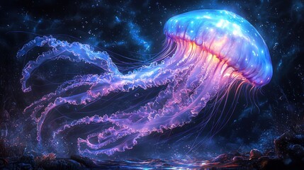 Jellyfish pulsating through dark water, tentacles trailing behind, translucent details lit by a soft, surreal glow, ultra-realistic