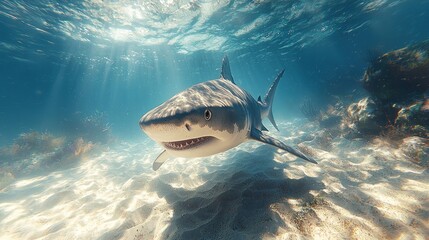Tiger shark swimming near the ocean floor, sand particles drifting around, striking contrast with the deep blue water, lifelike detail