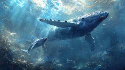 Fototapeta premium Rare view of a humpback whale and calf swimming side by side, soft blue light filtering through, gentle expressions, ultra-realistic and heartwarming 