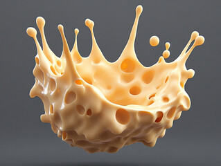 A splash of yellow liquid, creating a crown-like shape, with air bubbles forming on the surface of the liquid.