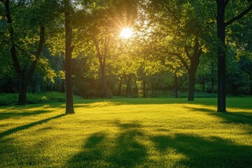 Fototapeta premium Sun shining through trees in a forest.