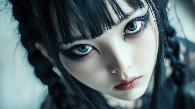 Character close face girl asian cute model black gothic make up halloween theme background wallpaper AI generated image