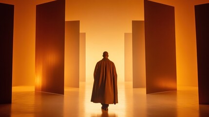 Naklejka premium A figure walks through a surreal, orange-lit space with tall panels, evoking mystery and contemplation.