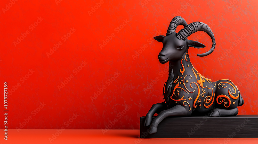 Poster 3D design of goat representing Capricorn, featuring intricate patterns and striking black and orange color scheme against vibrant red background