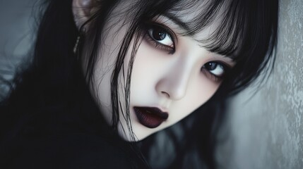 Character close face girl asian cute model black gothic make up halloween theme background wallpaper AI generated image
