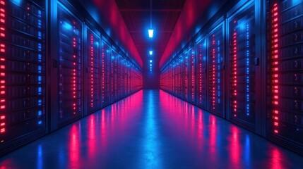 Fototapeta premium A futuristic data center illuminated with vibrant blue and red lights.