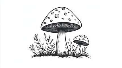 Simple line drawing of a mushroom on a white background,