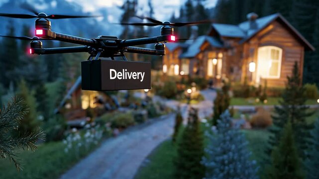 automate drone delivery boxes to a house, word " Delivery "  written on box