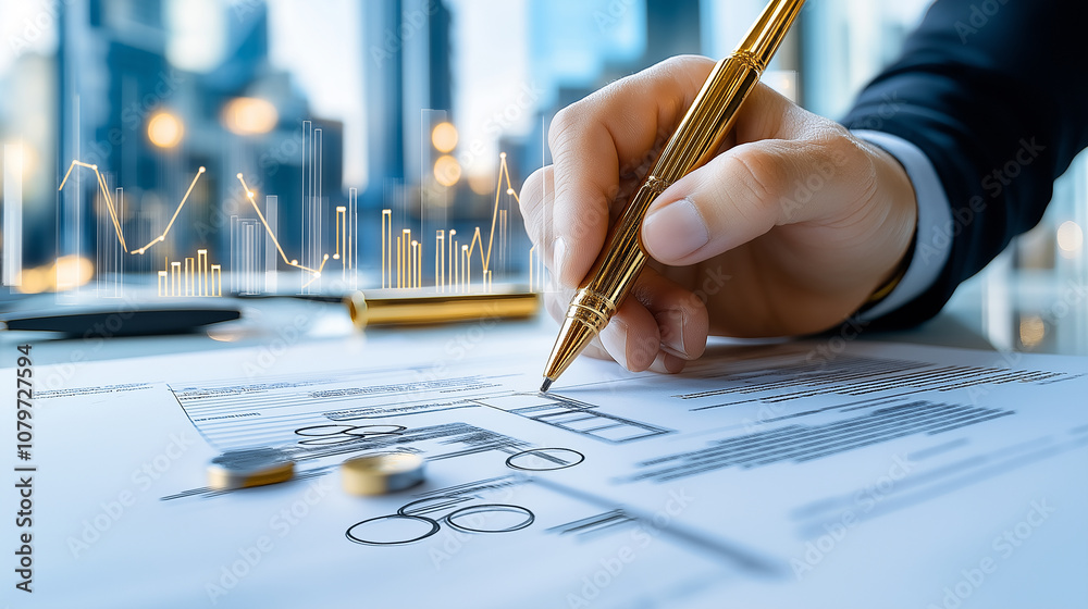Poster business leader signing document with financial graphs and coins. scene conveys professionalism and 