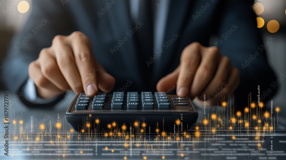 Poster businessman using calculator with financial graphs and data analysis. image conveys sense of profess