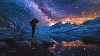 Fototapeta premium A photographer taking stunning images of the Milky Way during an overnight camping trip.
