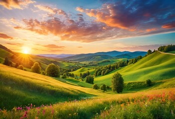 Obraz premium Beautiful and Peaceful Nature Scenery Illustration Landscape Countryside Tranquil Vibrant and Colorful