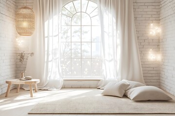 A light pink wall with white curtains and balloons in the background, with an empty table for photography. The backdrop is a photo studio with pink balloons