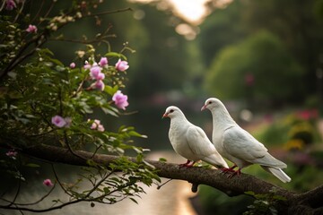 Obraz premium Two White Doves on a Branch - Peace, Freedom, Nature, Love, Spirituality, Serenity, Harmony, Beautiful Wildlife, Symbol of Hope, Calming Atmosphere, Nature Photography, Inspirational