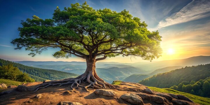 A solitary tree with a vast root system stands on a rocky outcrop, silhouetted against a golden sunset over a rolling landscape of hills and valleys.