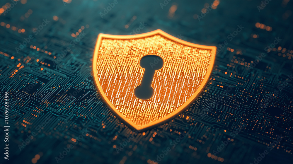 Poster digital shield icon protecting data streams, symbolizing cybersecurity and safety. glowing shield represents protection in tech environment