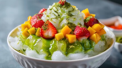 A bowl filled with fresh fruit slices, including melon, strawberries, mango, and a variety of other colorful fruits, offering a refreshing and vibrant mix of flavors.
