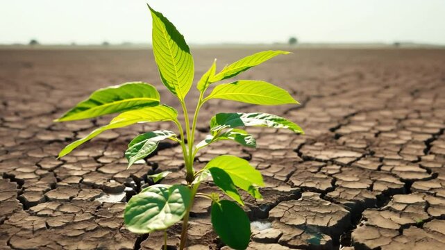 Resilience: A lone, vibrant green plant thrives against the backdrop of cracked, parched earth, symbolizing resilience, hope, and the indomitable spirit of life.  