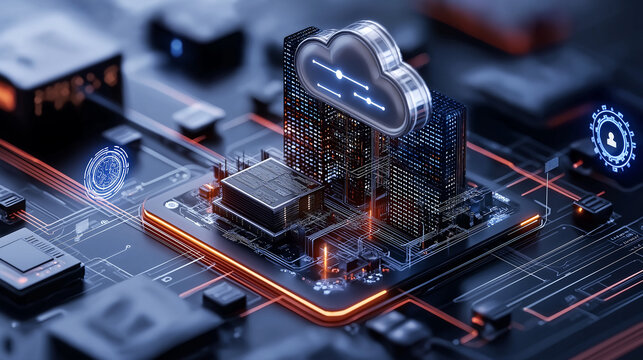 dynamic scene of cloud data transfer to secure server, showcasing advanced technology and connectivity. intricate circuit design highlights importance of data security and cloud computing