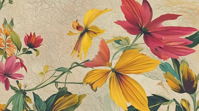 Floral Tapestry: A vibrant, intricate watercolor painting of flourishing flowers, showcasing rich hues of pink, yellow, and green, evoking a sense of nature's beauty and delicate artistry.  