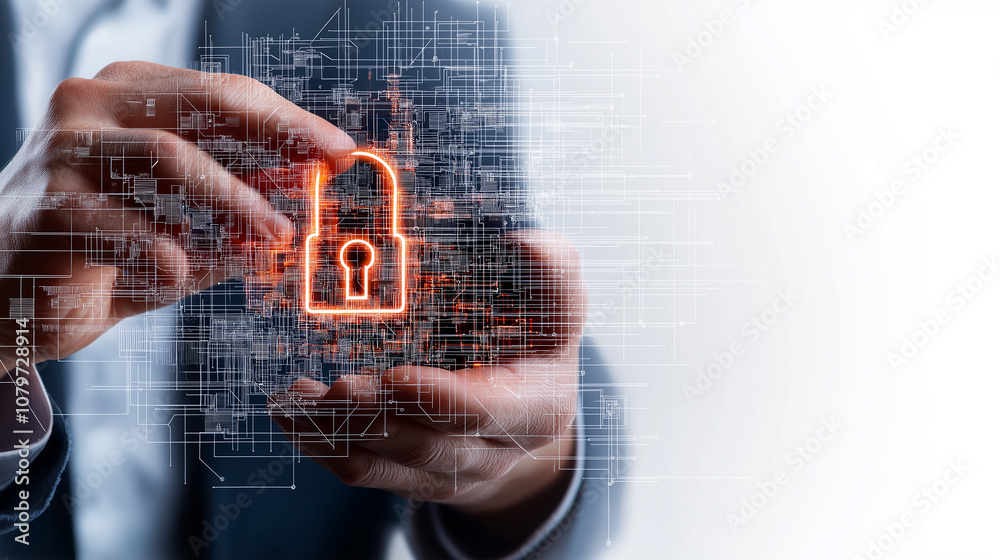 Aufkleber hand holding digital lock symbol over network background, representing cybersecurity and data protec