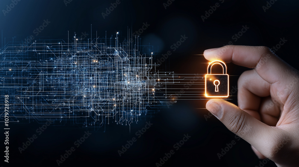 Poster hand holding digital lock symbol over network background, representing security and technology. imag