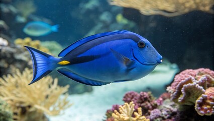 Fototapeta premium Vibrant Blue Tang Fish in Tropical Ocean Setting - Stunning Candid Photography, Underwater Life, Colorful Marine Environment, Isolated and Majestic View for Aquarium and Nature Lovers