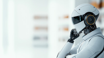 humanoid robot with sleek design and headphones, thoughtfully engaging in retail environment. futuristic setting enhances its advanced technology