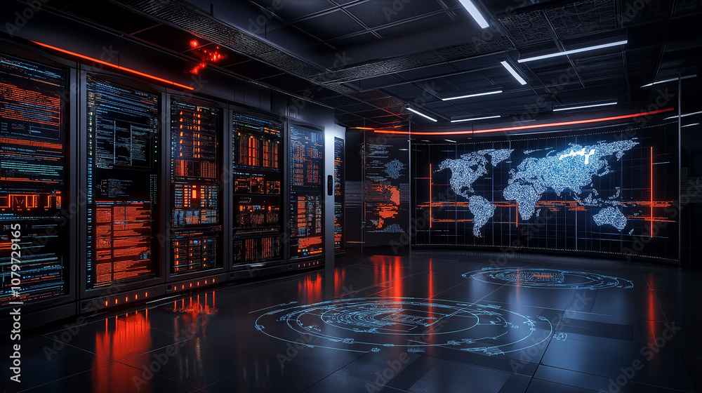Leinwandbilder modern data center featuring advanced technology, illuminated screens, and world map display. enviro