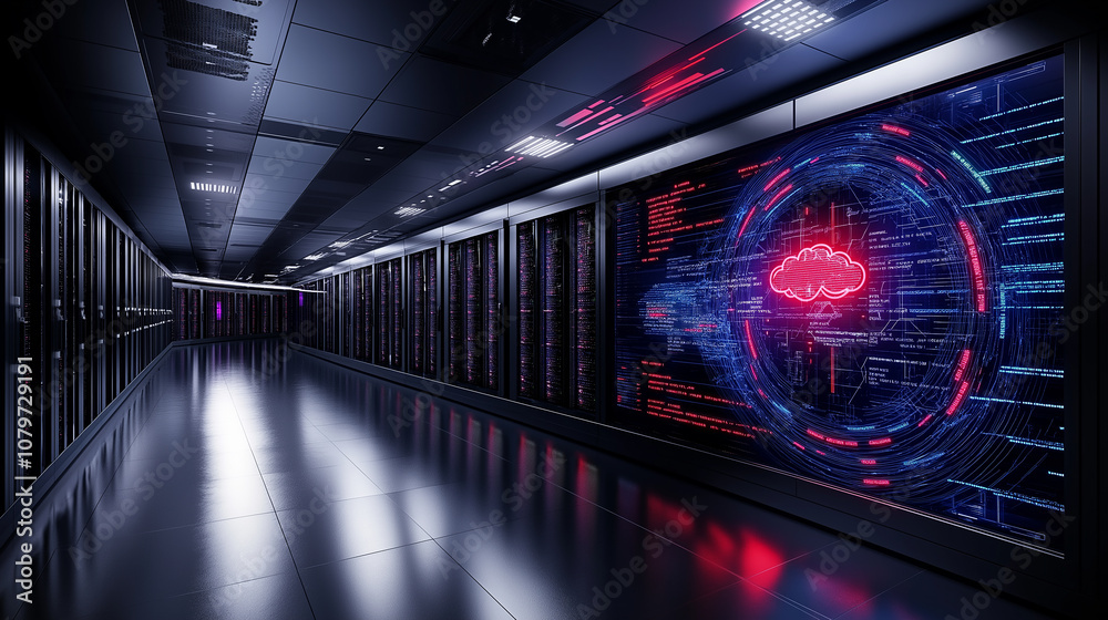Poster modern data center corridor featuring advanced technology, illuminated servers, and vibrant cloud gr