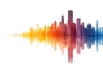 Obraz premium Economic Growth and Climate Change concept. A vibrant city skyline reflected in calm water, featuring colorful gradient hues from orange to blue, creating a dynamic and artistic urban landscape.