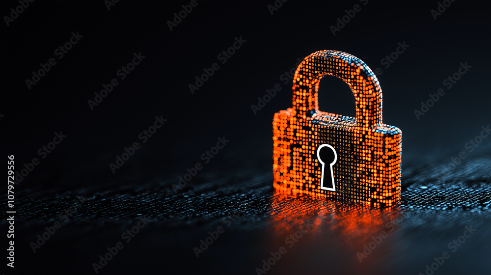 Poster digital lock symbolizing security and encryption, glowing in orange against dark background, represe