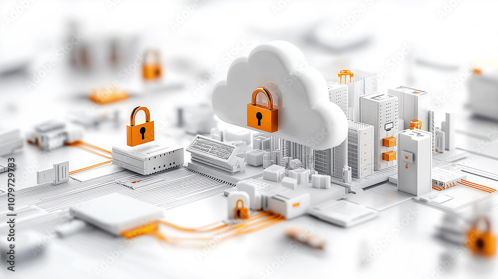 Poster Secure cloud computing concept with digital locks and cityscape