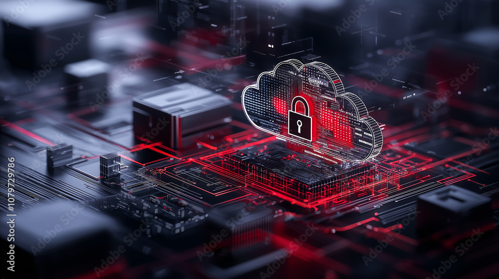 Aufkleber digital cloud with padlock symbolizes secure data storage and cybersecurity. intricate circuit design highlights technology and innovation in protecting information