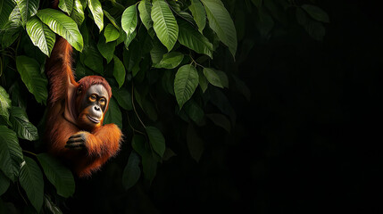 Obraz premium artistic representation of critically endangered orangutan hanging among lush green leaves, showcasing its vibrant orange fur and expressive gaze
