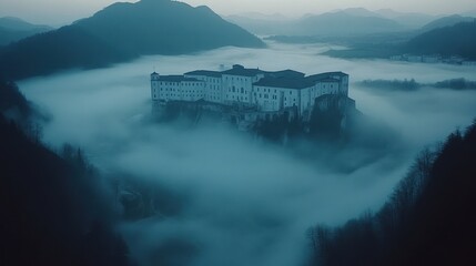 A mystical castle shrouded in fog amidst a mountainous landscape at twilight.