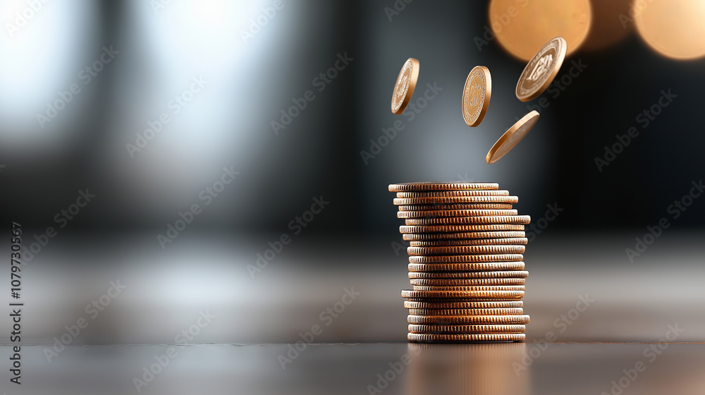 Poster coins falling onto stack, symbolizing concept of money losing value due to inflation. blurred backgr